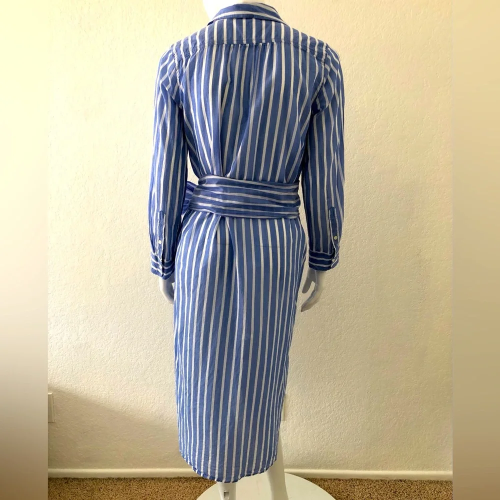 J. Crew Dress Lightweight Stripe Shirt Dress w/Tie Belt Blue & White Size